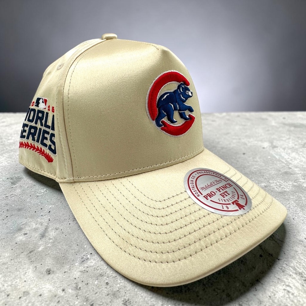 Chicago Cubs Satin Snapback Hat Mitchell & Ness Pro Pinch Cream World Series NEW